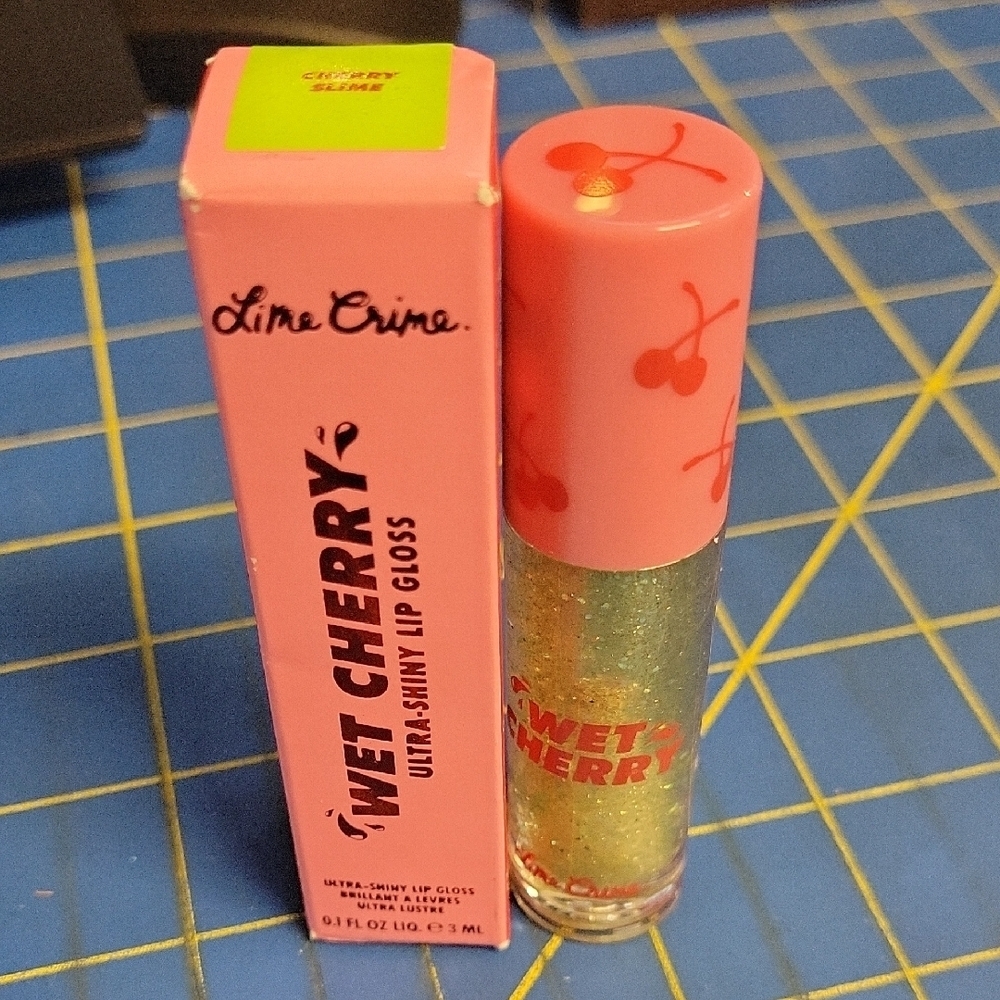 Lime Crime Wet Cherry Lip Gloss - Glitter Green Ultra Shiny New in Box 3ml
